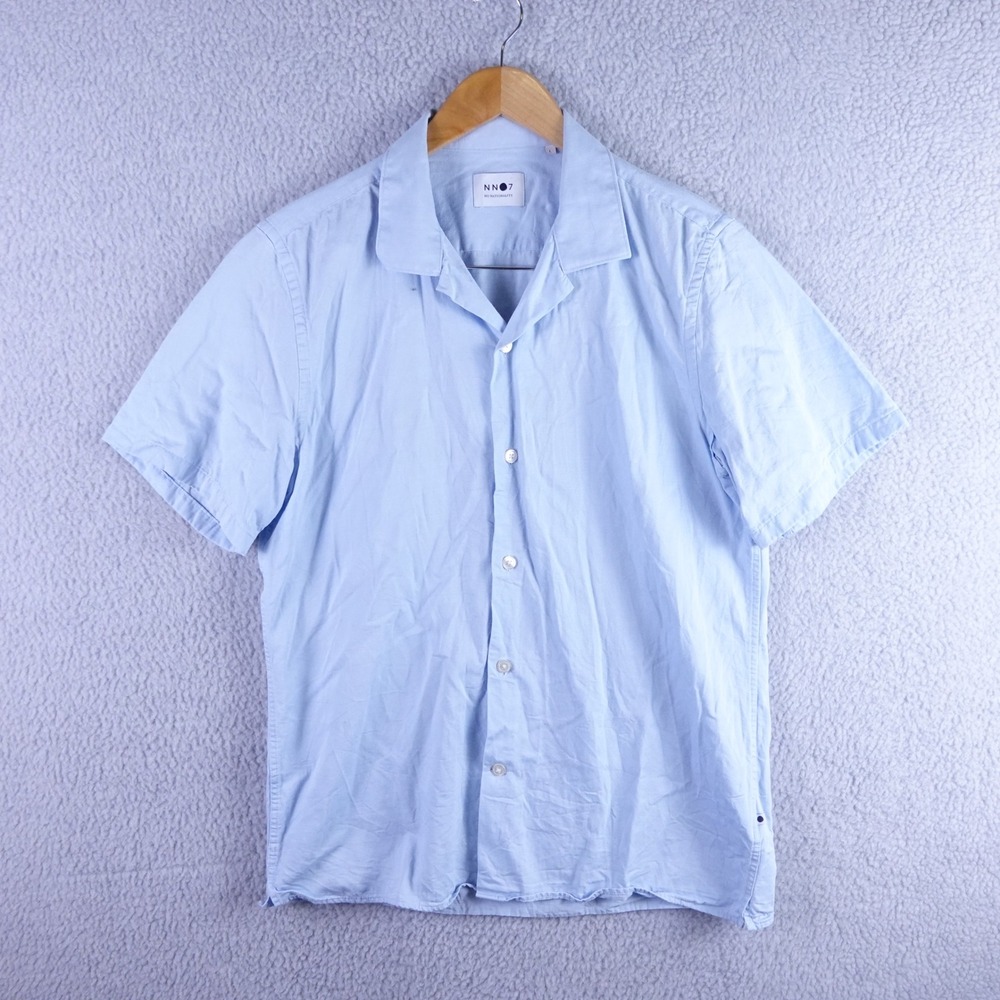NN07 No Nationality Mens Blue Tencel Cotton Short Sleeve Camp Collar Shirt L